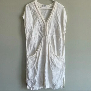 Haris Cotton 100% Linen White Cream Dress Braided Hem Pocket Summer Lightweight